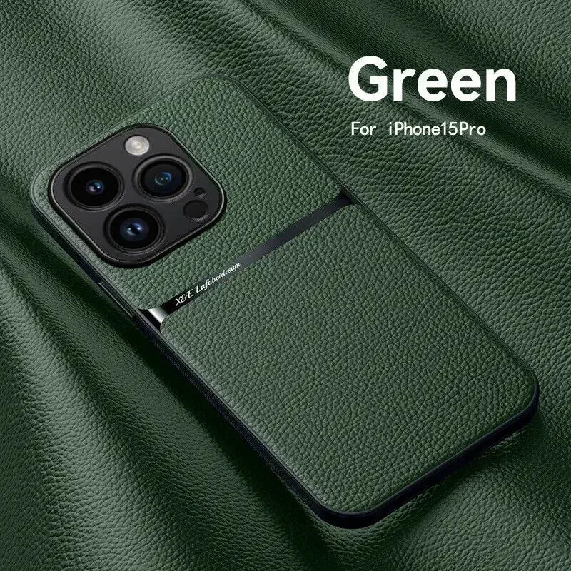 Leather For Magsafe Magnetic Car Holder Phone Case For iPhone 16 15 14 13 12 Pro Max Luxury Matte Shockproof Cover