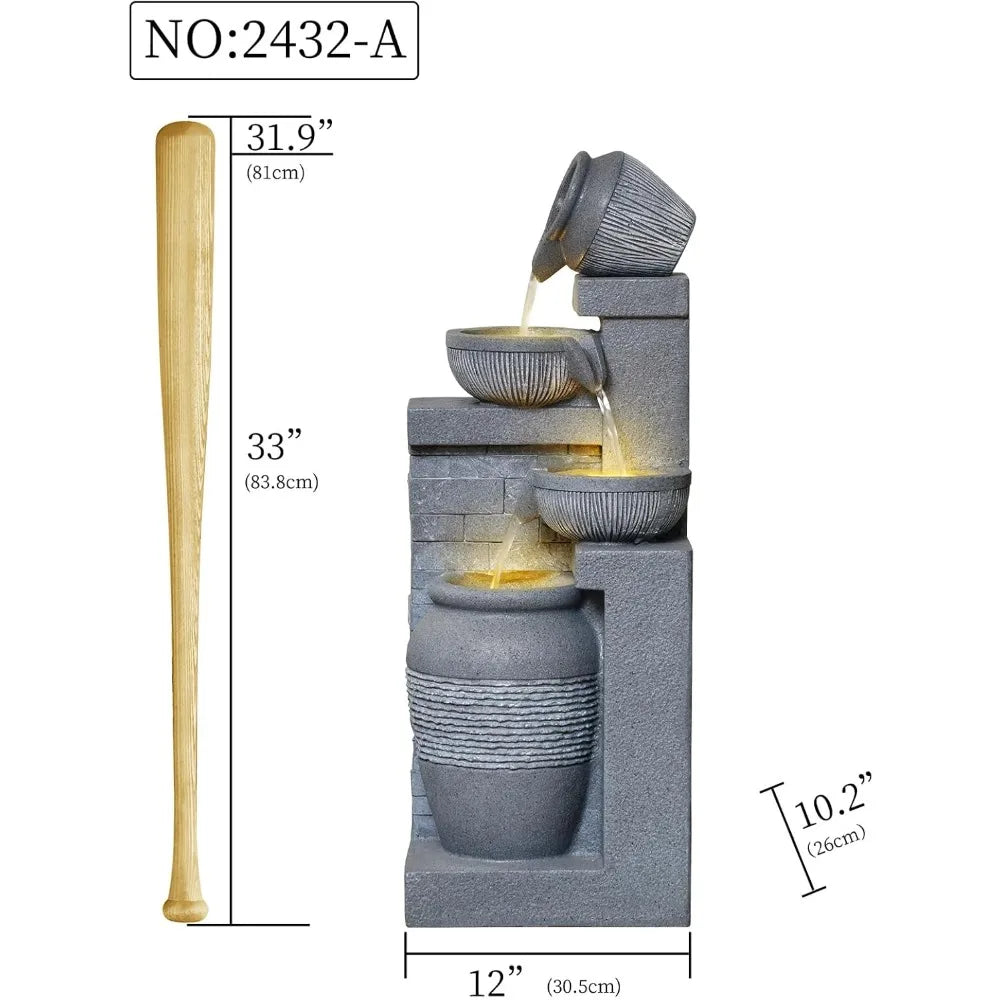 31.89" Outdoor Garden Water Fountain with Lights 4 Tiers Cascading Large Waterfall Floor Standing Fountain for Patio, Backyard,