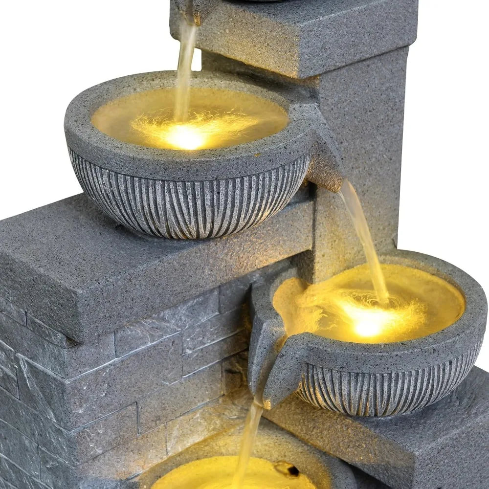 31.89" Outdoor Garden Water Fountain with Lights 4 Tiers Cascading Large Waterfall Floor Standing Fountain for Patio, Backyard,