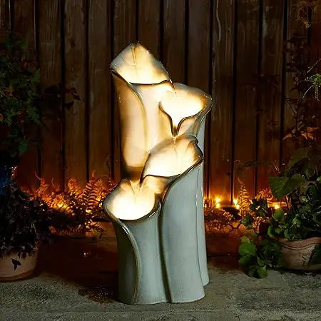 31.25" H Outdoor Water Fountain with LED Lights and Pump, 4 Tier Sand Beige Lotus Leaf Textured Ceramic Floor Standing Fountain