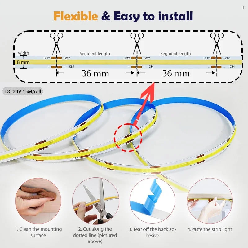 ETL Listed 50ft/15m COB LED Strip Lights 6500K White with RF Remote for Bedroom Cabinet Home Indoor(Power supply included)