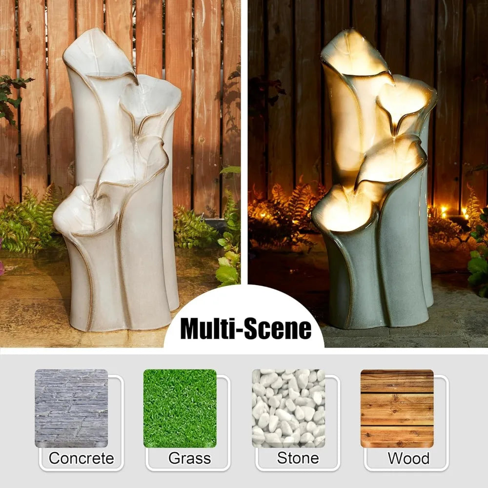 31.25" H Outdoor Water Fountain with LED Lights and Pump, 4 Tier Sand Beige Lotus Leaf Textured Ceramic Floor Standing Fountain
