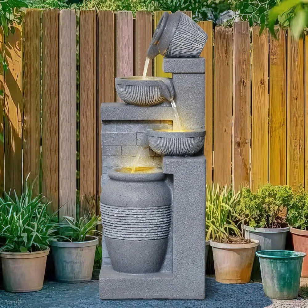 31.89" Outdoor Garden Water Fountain with Lights 4 Tiers Cascading Large Waterfall Floor Standing Fountain for Patio, Backyard,