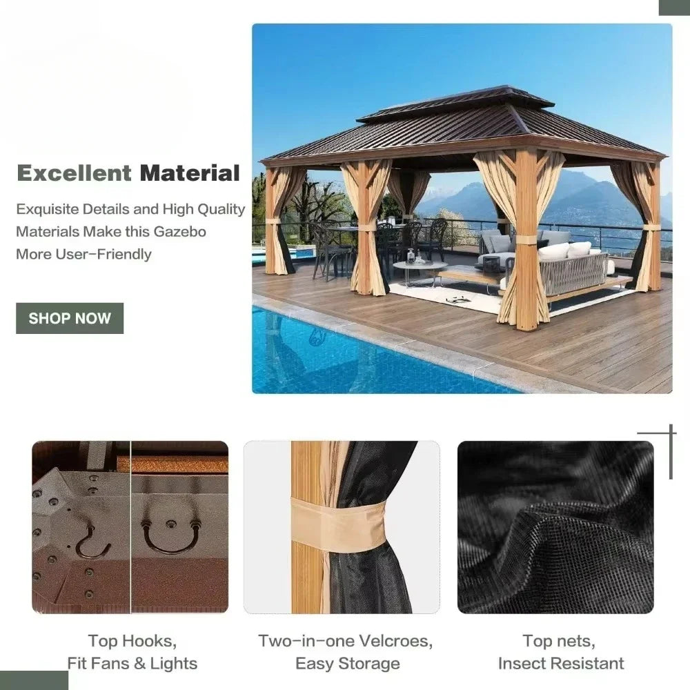 12x20 Gazebo, Hardtop Wood-Looking Gazebo with Curtains