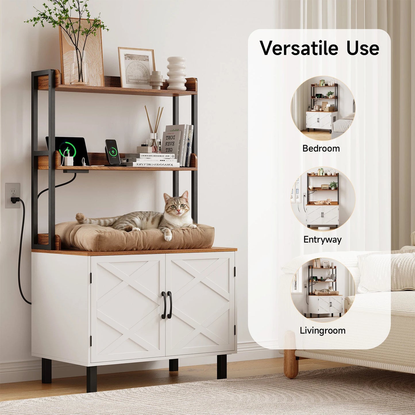 55 Inches Cat Litter Box Enclosure with 2 Storage Shelves and Charging Sockets, Hidden Litter Box Furniture, Wooden Cat House
