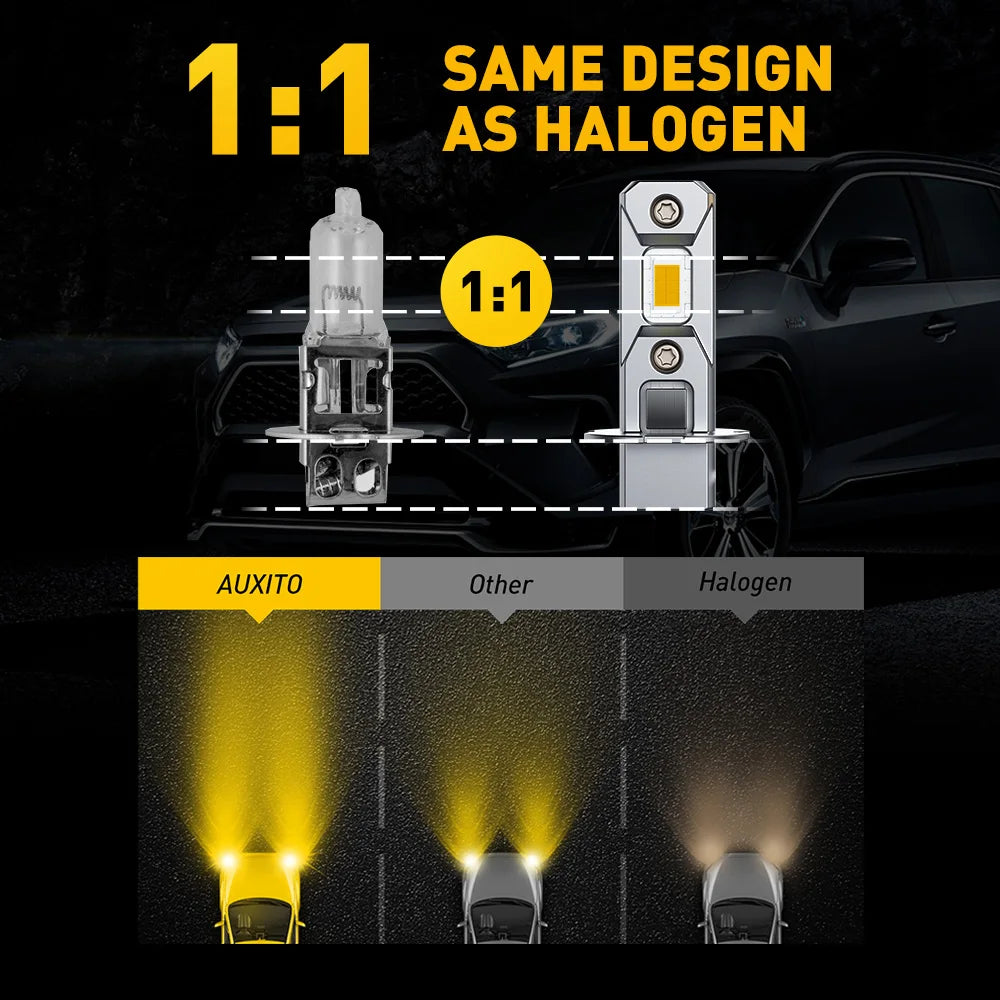 AUXITO 2Pcs Canbus H3 LED Fog Light Bulb Mini 1:1 Plug&Play Fanless Daytime Running Light H3 Driving Lamp Yellow Super White
