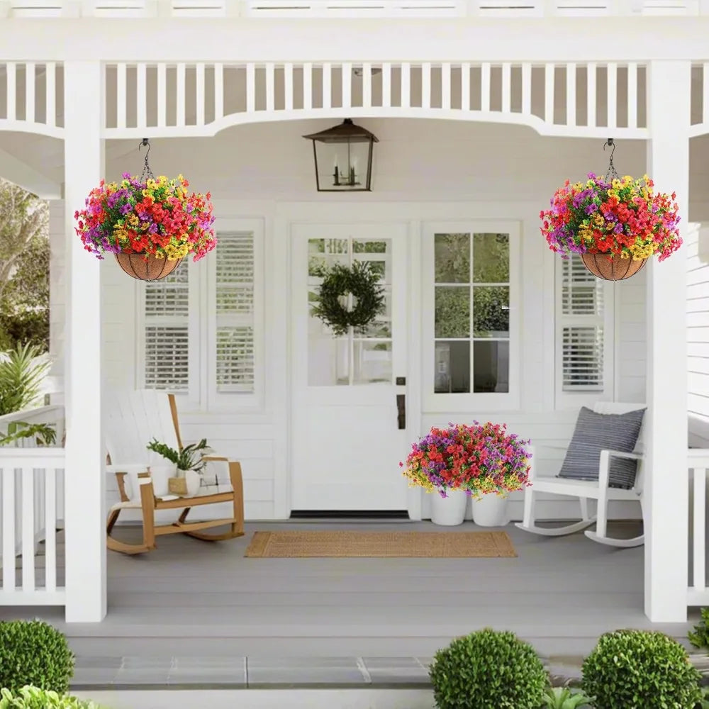 2 Set Artificial Outdoor Flowers with Hanging Basket, 2 Hanging Planters with 24 Pcs Flowers for Spring Summer Front Porch Gard