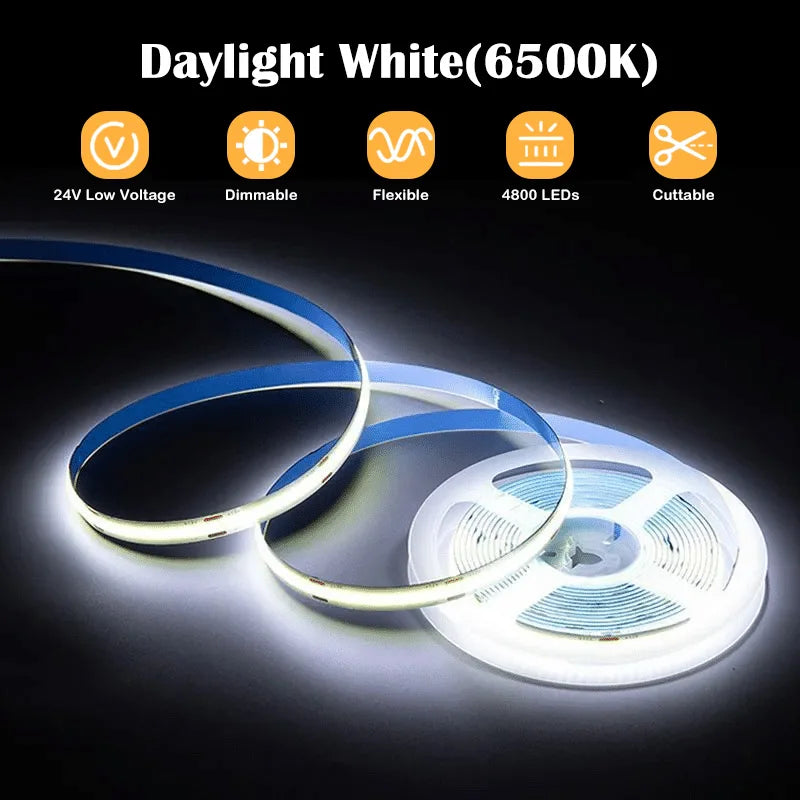 ETL Listed 50ft/15m COB LED Strip Lights 6500K White with RF Remote for Bedroom Cabinet Home Indoor(Power supply included)