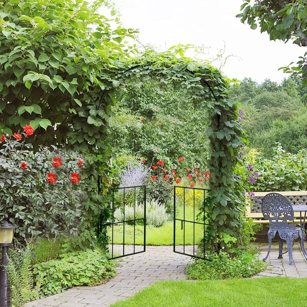 7.5Ft Garden Arbor with Gate Metal Garden Arch with Trellis for Climbing Plants Roses, Vines, Outdoor Garden Archway for Wedding