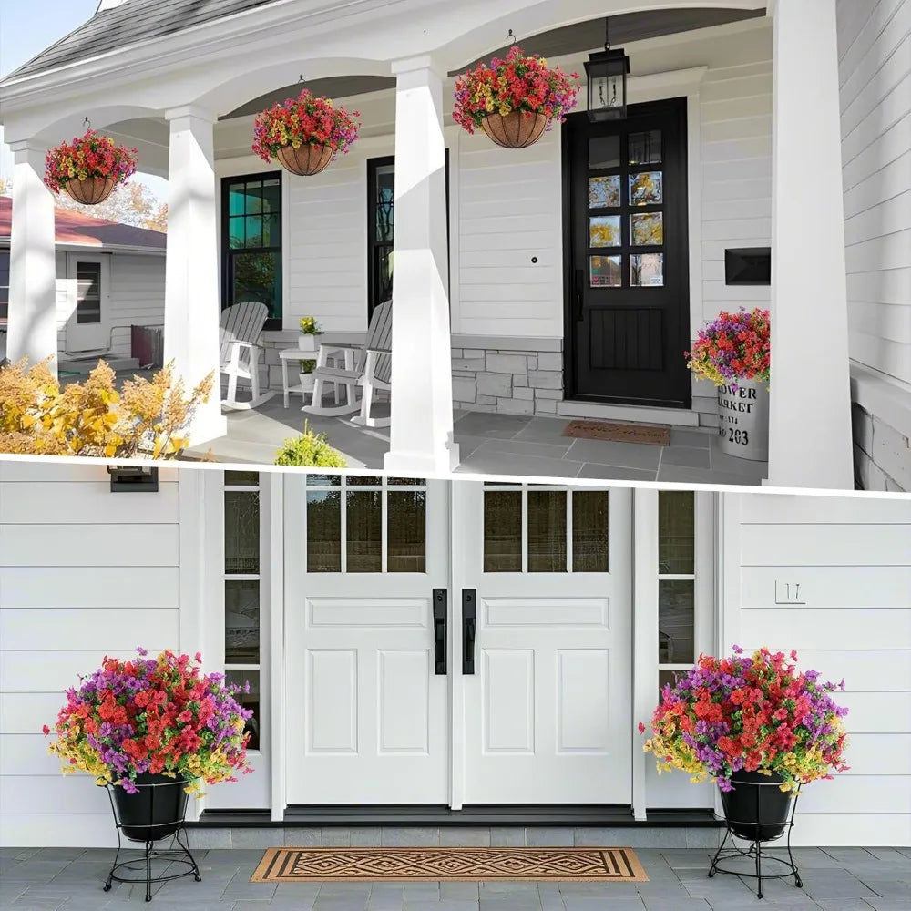 2 Set Artificial Outdoor Flowers with Hanging Basket, 2 Hanging Planters with 24 Pcs Flowers for Spring Summer Front Porch Gard