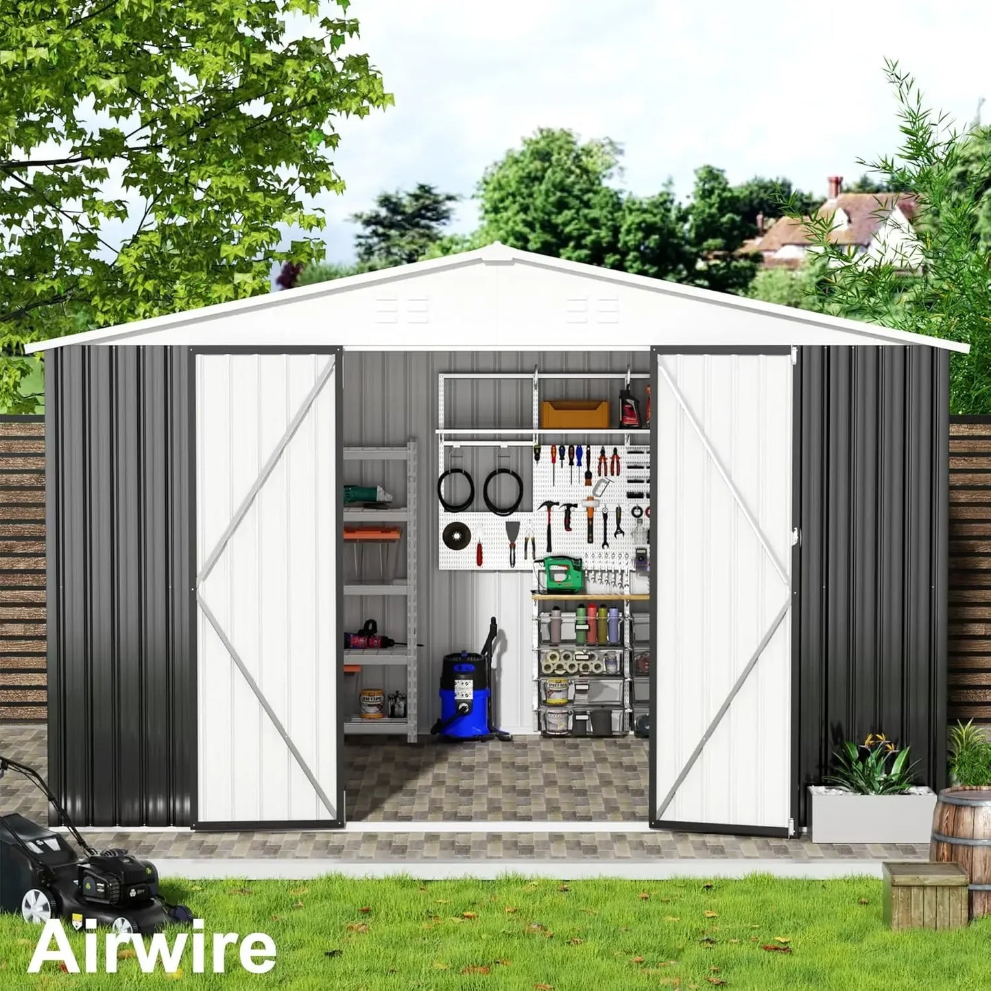 12x10 FT Outdoor Storage Shed, Garden Shed with Updated Frame Structure and Lockable Doors, White