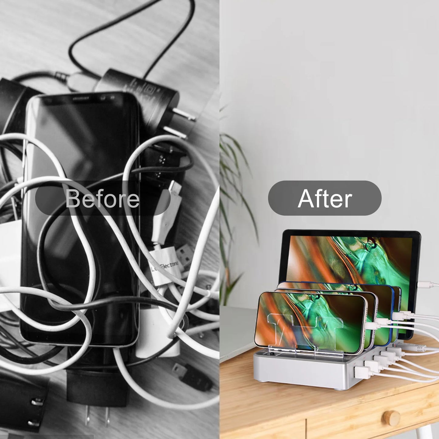 6 Port Multi USB Charging Station for Multiple Devices Designed for iPhone iPad Cell Phone Tablets (White, 6 Mixed Short Cables
