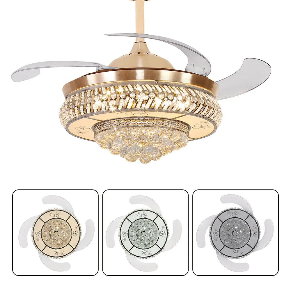 OUKANING Modern Crystal Invisible Ceiling Fan Light With Remote Control Chandelier For Living Room Application