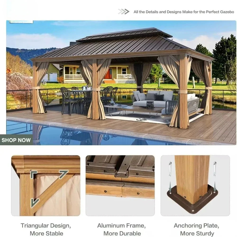 12x20 Gazebo, Hardtop Wood-Looking Gazebo with Curtains