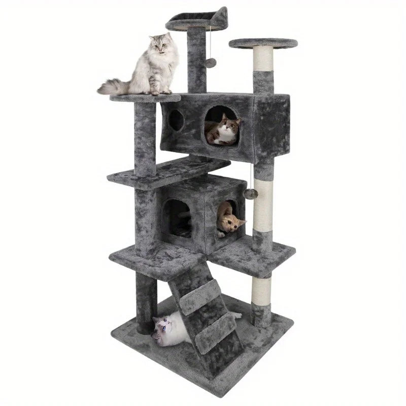 55 Inch Cat Tree Tower Activity Center Playing House Grey Beige Blue Brown Pink