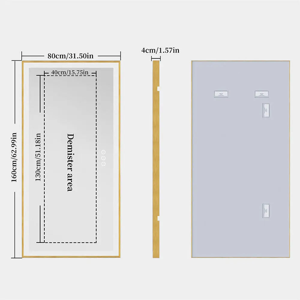 Large LED Bathroom Mirror Rectangular Wall Vanity Mirror with Colour Illuminated Dimmable Antifog Golden Frame IP56 Rated 1400mm