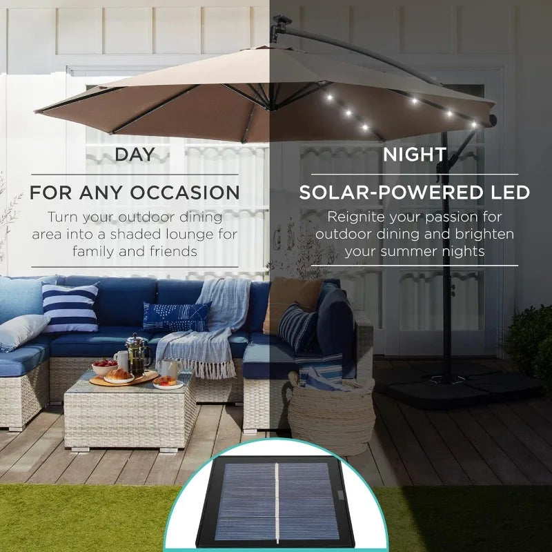 10-foot solar LED offset hanging market yard umbrella for backyard, pool side, with easy tilt adjustment, polyester shade
