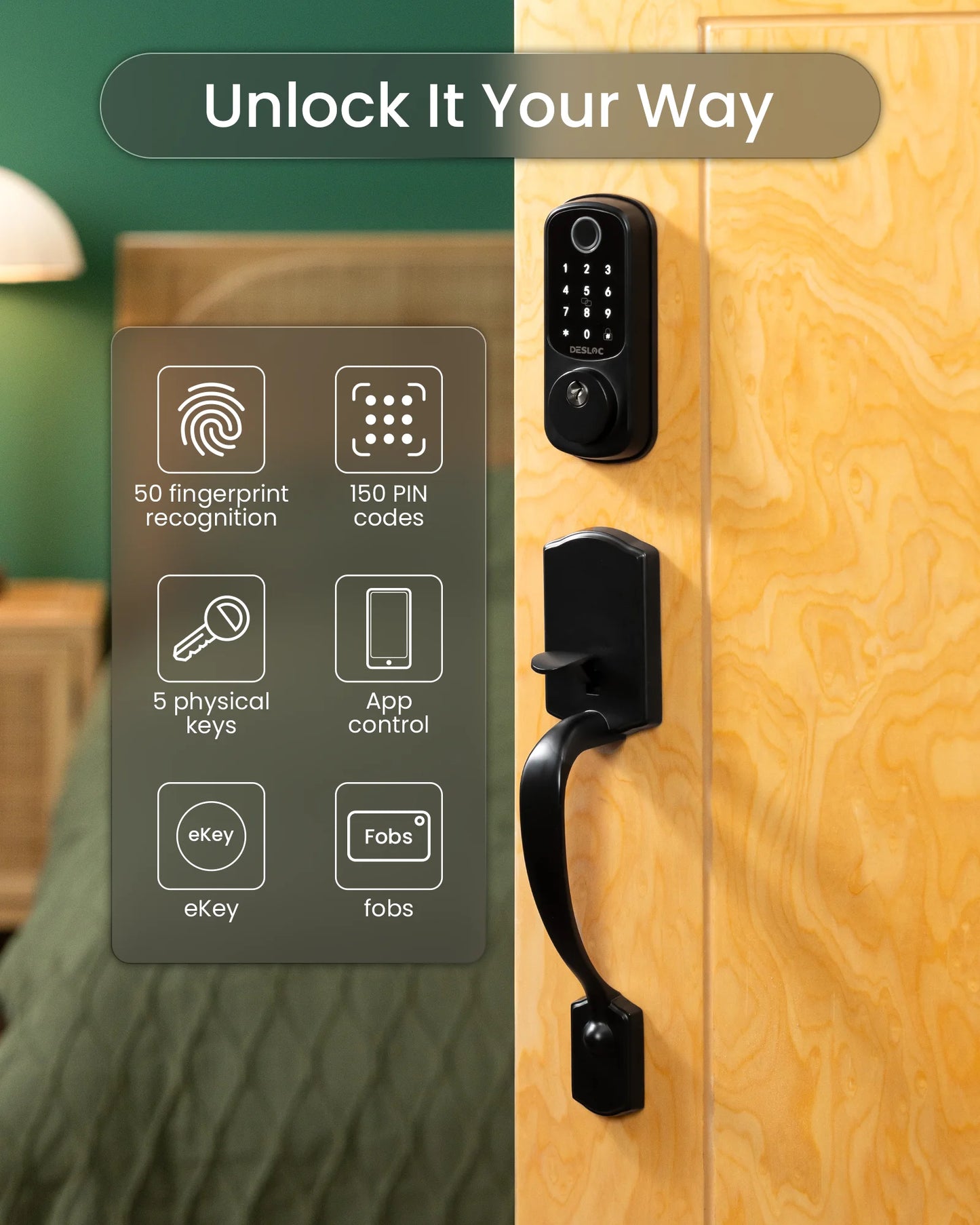 DESLOC B200 Keyless Entry Door Lock with Handle Set, Deadbolt Smart Lock, Electronic keypad Door Lock with Handle, IP54