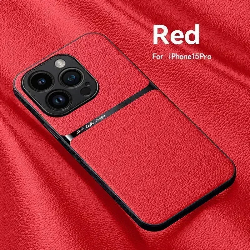 Leather For Magsafe Magnetic Car Holder Phone Case For iPhone 16 15 14 13 12 Pro Max Luxury Matte Shockproof Cover