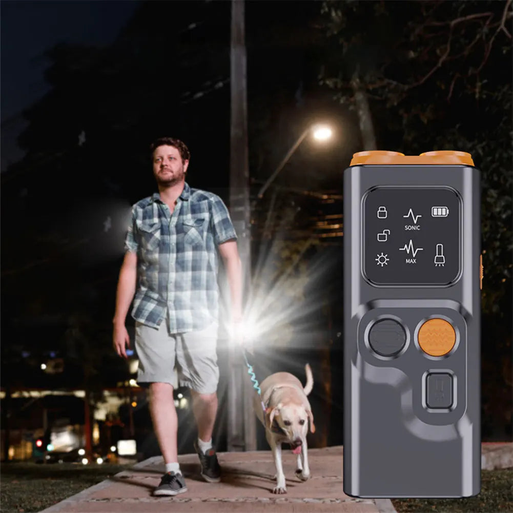 Rechargeable Sonic Anti Dog Bark Deterrent Device with Dual Ultrasonic Emitter LED Flashlight Shock Bark Collar Alternative