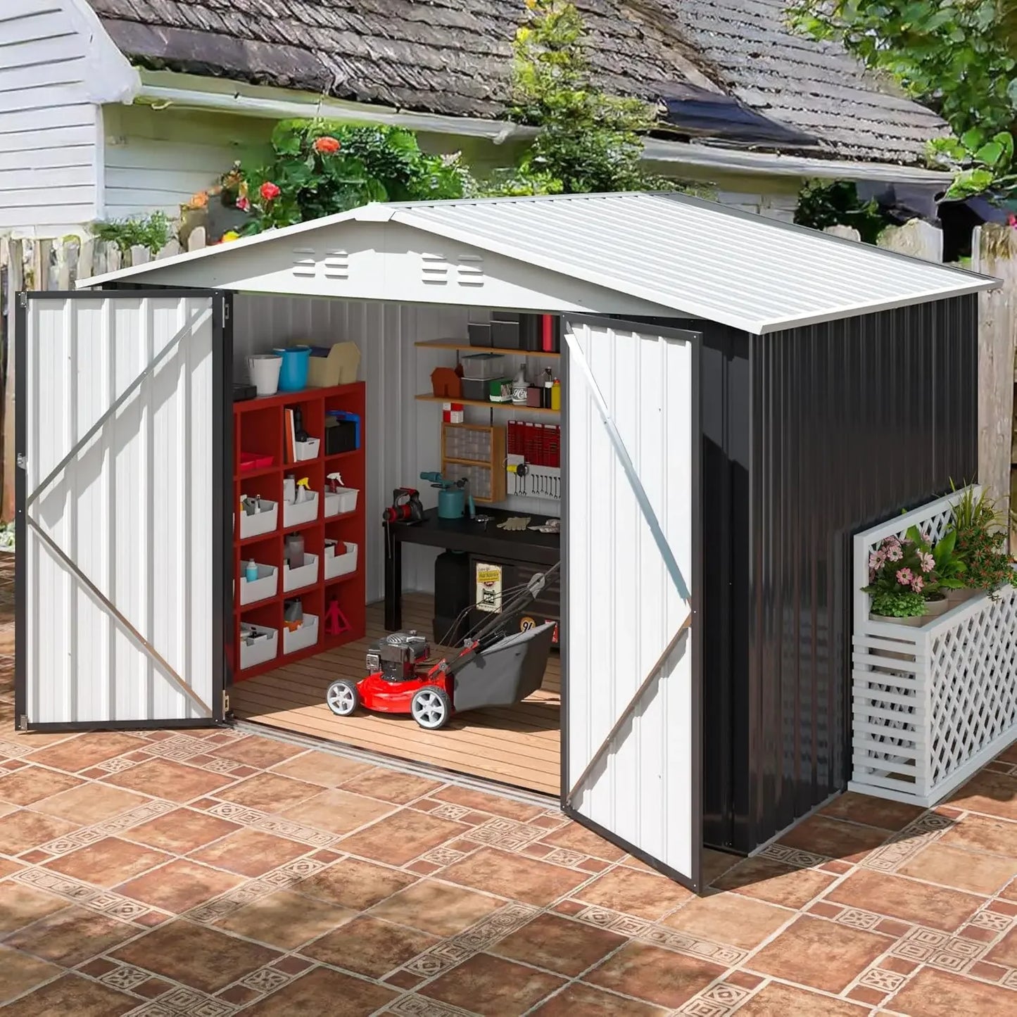 12x10 FT Outdoor Storage Shed, Garden Shed with Updated Frame Structure and Lockable Doors, White