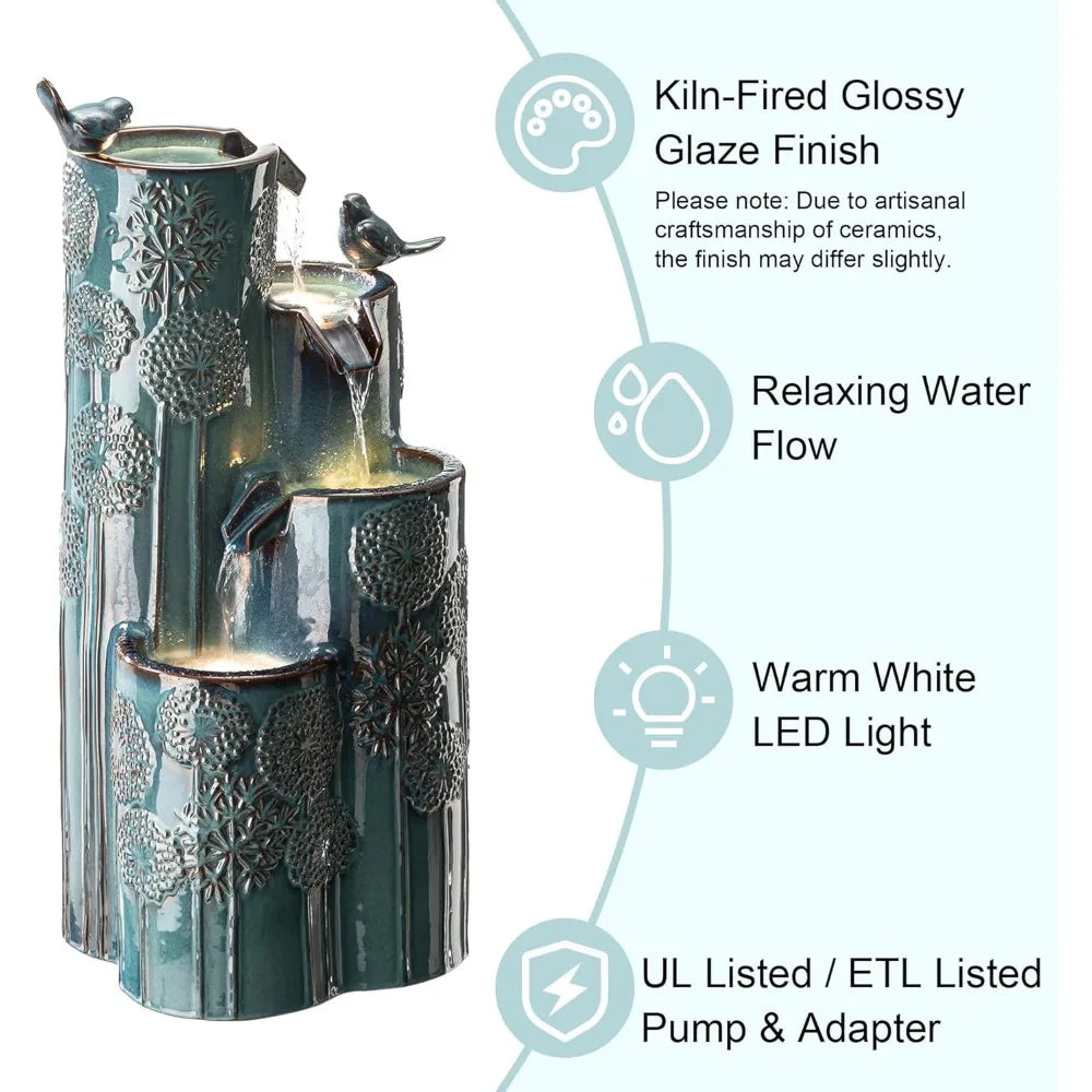 31.75" H Outdoor Water Fountain with LED Lights and Pump, 4 Tier Dandelion Texture Vase Shaped Ceramic Floor Standing Fountain