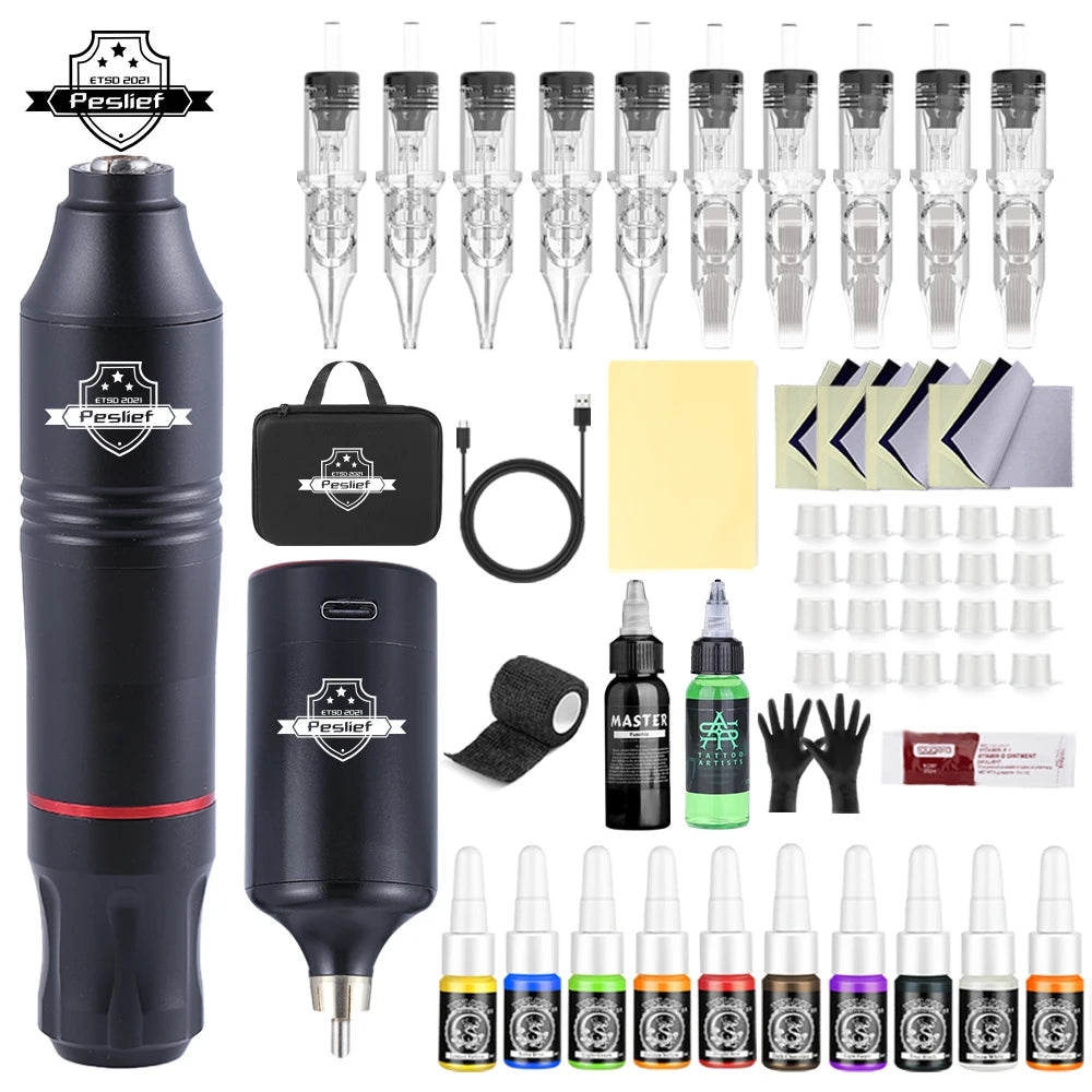 New 55 Pcs Tattoo Gun Kit Rotary Complete Tattoo Kit with Power Supply Mix 10 Piece Cartridge Needle for Beginners and Artists