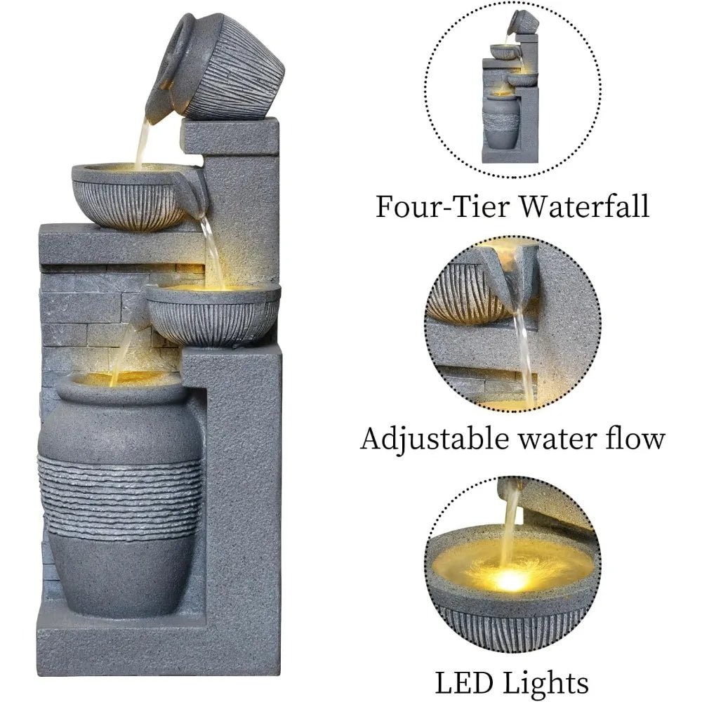 31.89" Outdoor Garden Water Fountain with Lights 4 Tiers Cascading Large Waterfall Floor Standing Fountain for Patio, Backyard,