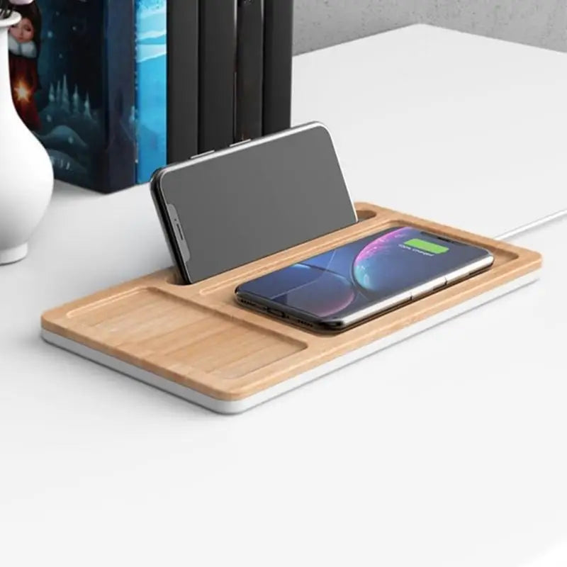 10W Wireless Charger Pad Stand Desktop Wooden Tray Holder