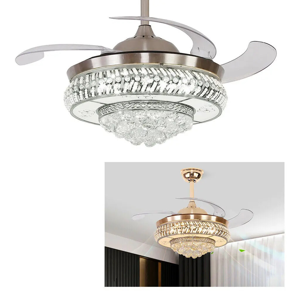 OUKANING Modern Crystal Invisible Ceiling Fan Light With Remote Control Chandelier For Living Room Application