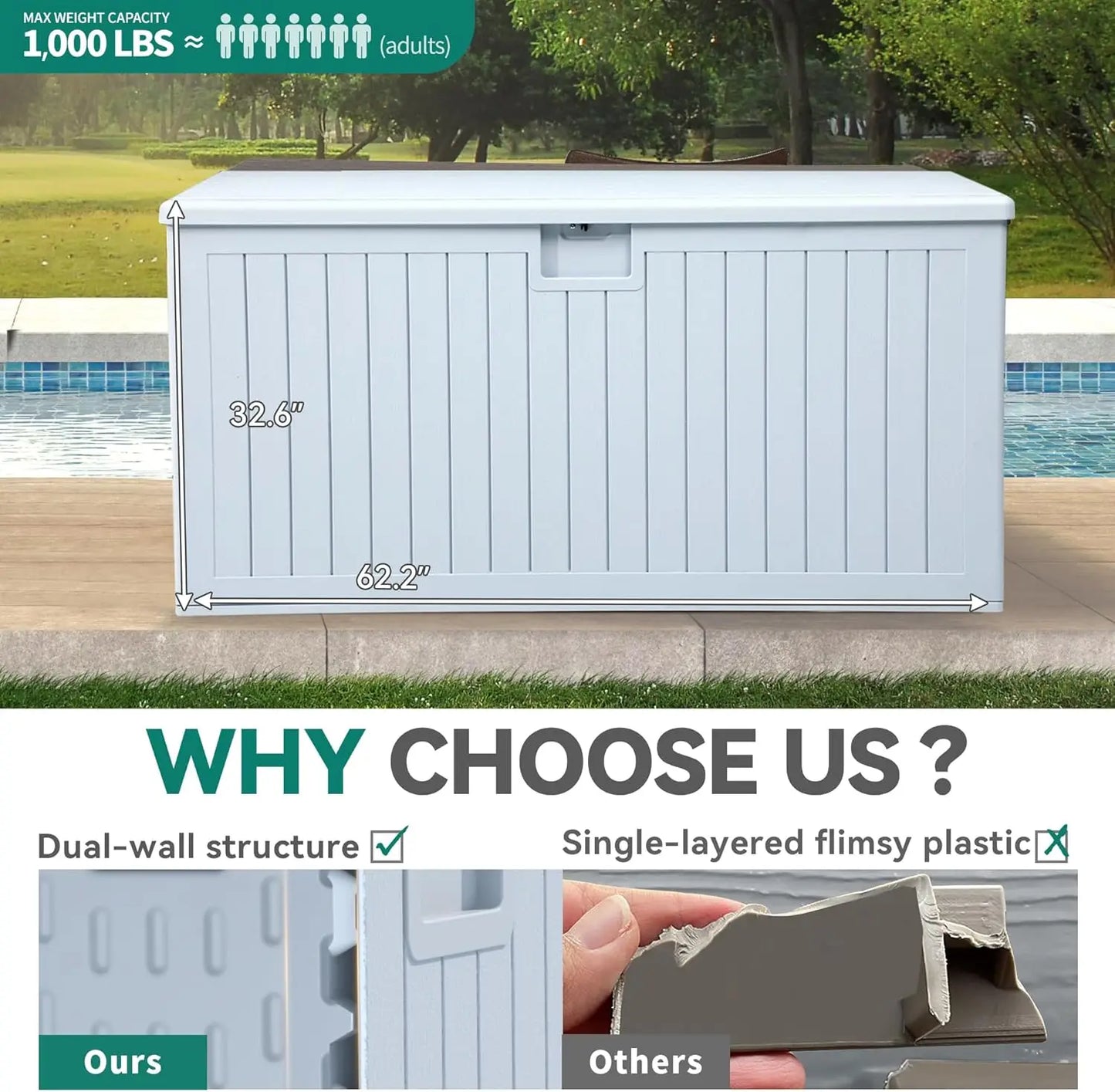 XXL 230 Gallon Large Deck Box,Outdoor Storage for Patio Furniture Cushions,Garden Tools with Flexible Divider,Waterproof,