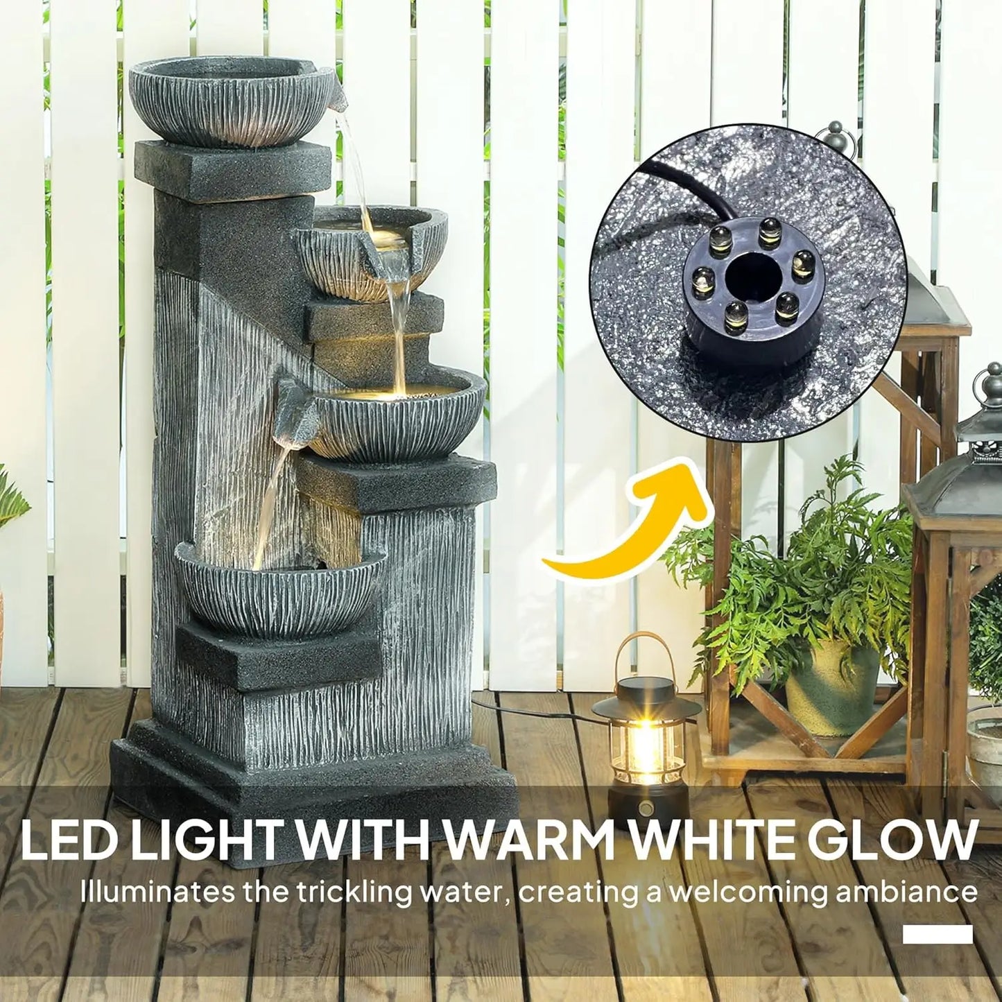 33.5" Tall Outdoor Water Fountain,4-Tier Floor Standing Resin Cascading Bowls Waterfall Fountain with LED Lights,Pump for Garden