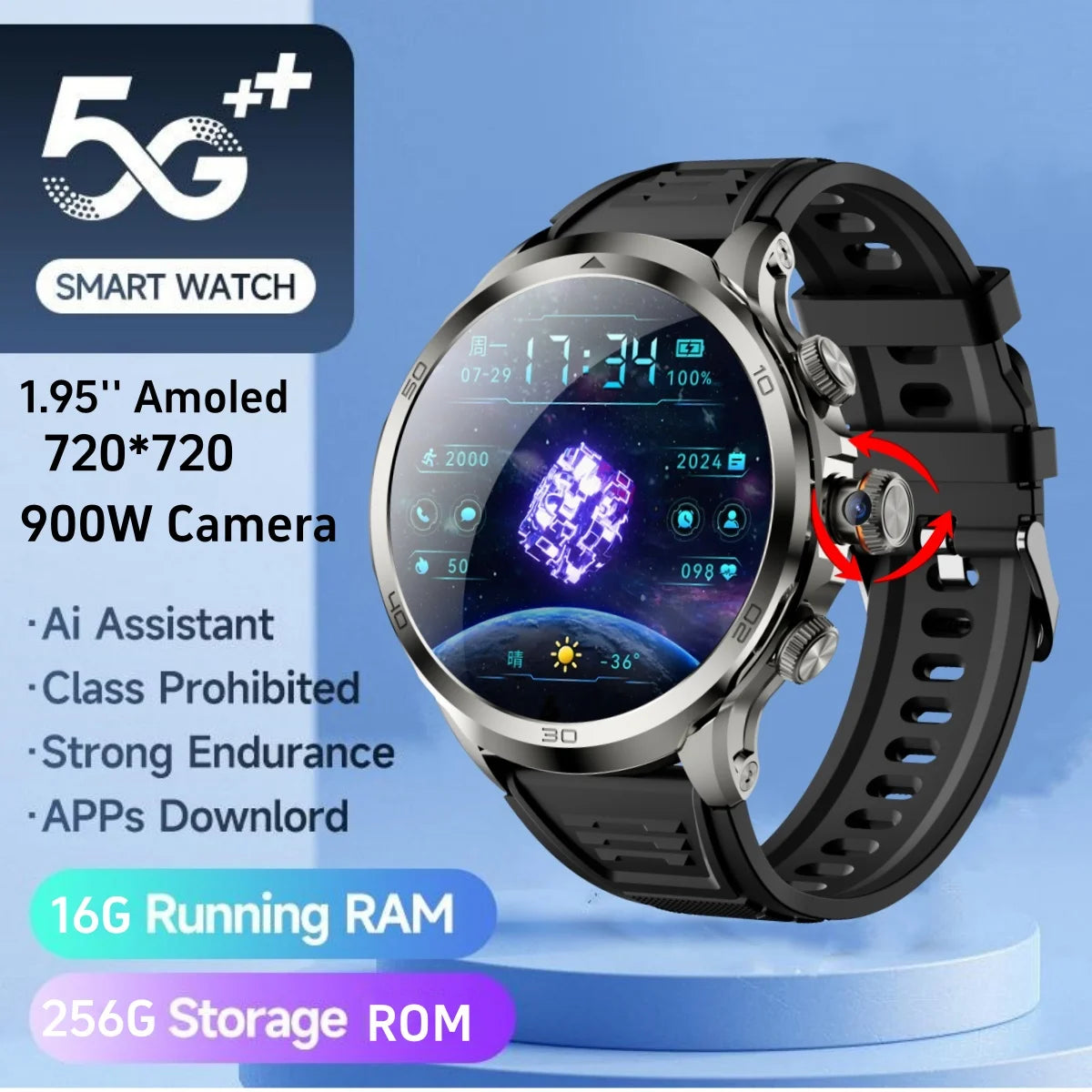 H19 Smart watch 1.95inch Amoled Smartwatch With 190° Rotary Camera NFC GPS WIFI Inset Sim Card Video Calling App Store Download