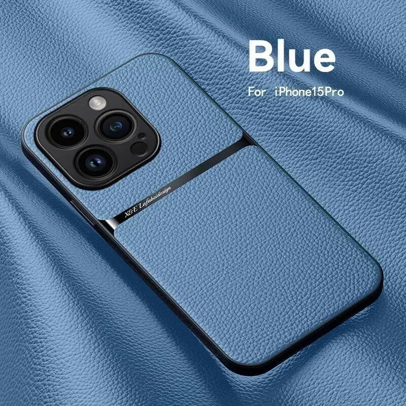 Leather For Magsafe Magnetic Car Holder Phone Case For iPhone 16 15 14 13 12 Pro Max Luxury Matte Shockproof Cover