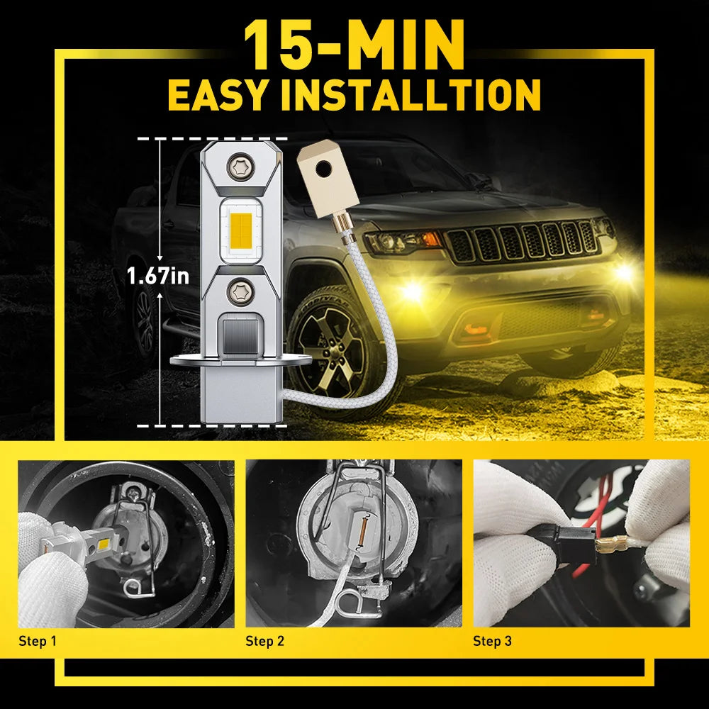 AUXITO 2Pcs Canbus H3 LED Fog Light Bulb Mini 1:1 Plug&Play Fanless Daytime Running Light H3 Driving Lamp Yellow Super White