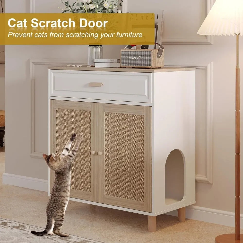 Cat Litter Box Enclosure Furniture Hidden Indoor 2-in-1 Wooden Cat House & Washroom Cabinet w/ Scratching Board Doors and Drawer
