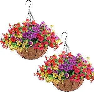 2 Set Artificial Outdoor Flowers with Hanging Basket, 2 Hanging Planters with 24 Pcs Flowers for Spring Summer Front Porch Gard