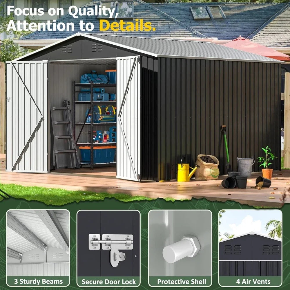 10x10 FT Outdoor Storage Shed,Updated Frame Structure and Lockable Doors, Metal Tool Sheds for Backyard Garden Patio Lawn, Grey