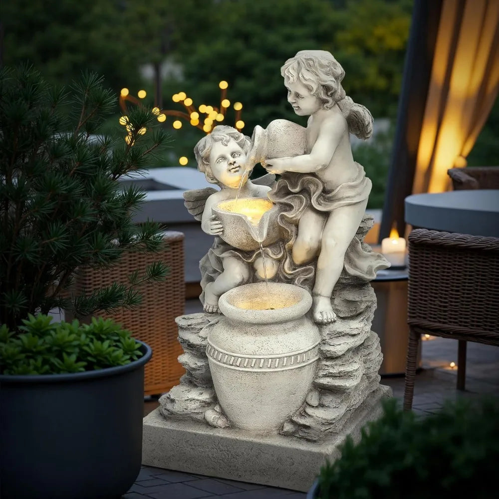 LuxenHome 30 Inch Outdoor Water Fountain, Resin Angels Water Fountains Indoor and Outdoor with LED Light, 3 Layers Angels and Ur