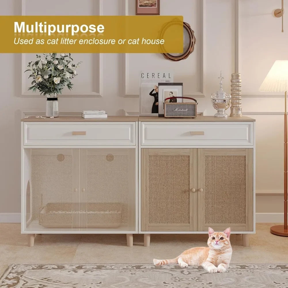 Cat Litter Box Enclosure Furniture Hidden Indoor 2-in-1 Wooden Cat House & Washroom Cabinet w/ Scratching Board Doors and Drawer