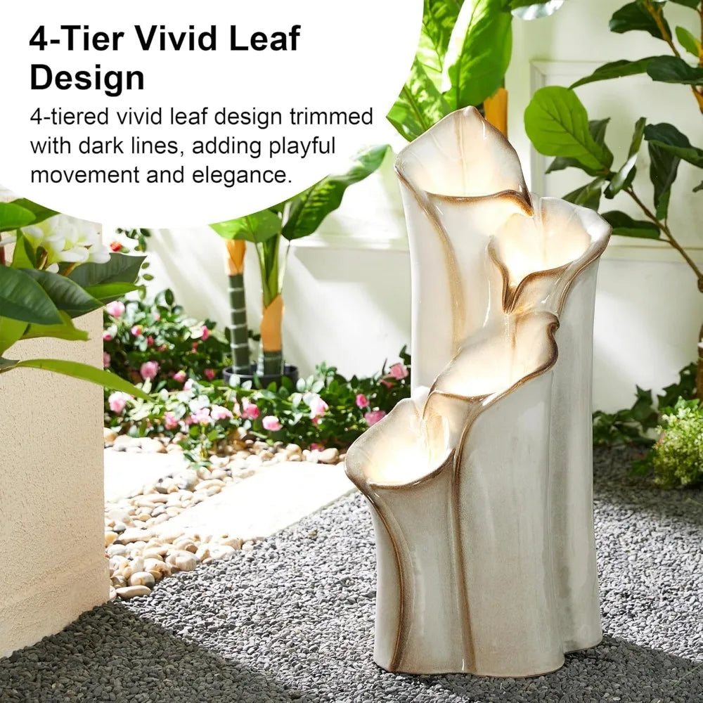 31.25" H Outdoor Water Fountain with LED Lights and Pump, 4 Tier Sand Beige Lotus Leaf Textured Ceramic Floor Standing Fountain