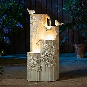 31.75" H Outdoor Water Fountain with LED Lights and Pump, 4 Tier Dandelion Texture Vase Shaped Ceramic Floor Standing Fountain