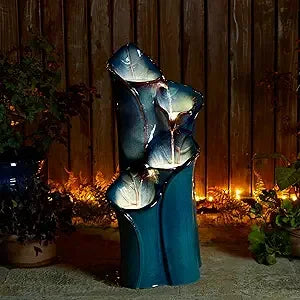 31.25" H Outdoor Water Fountain with LED Lights and Pump, 4 Tier Sand Beige Lotus Leaf Textured Ceramic Floor Standing Fountain