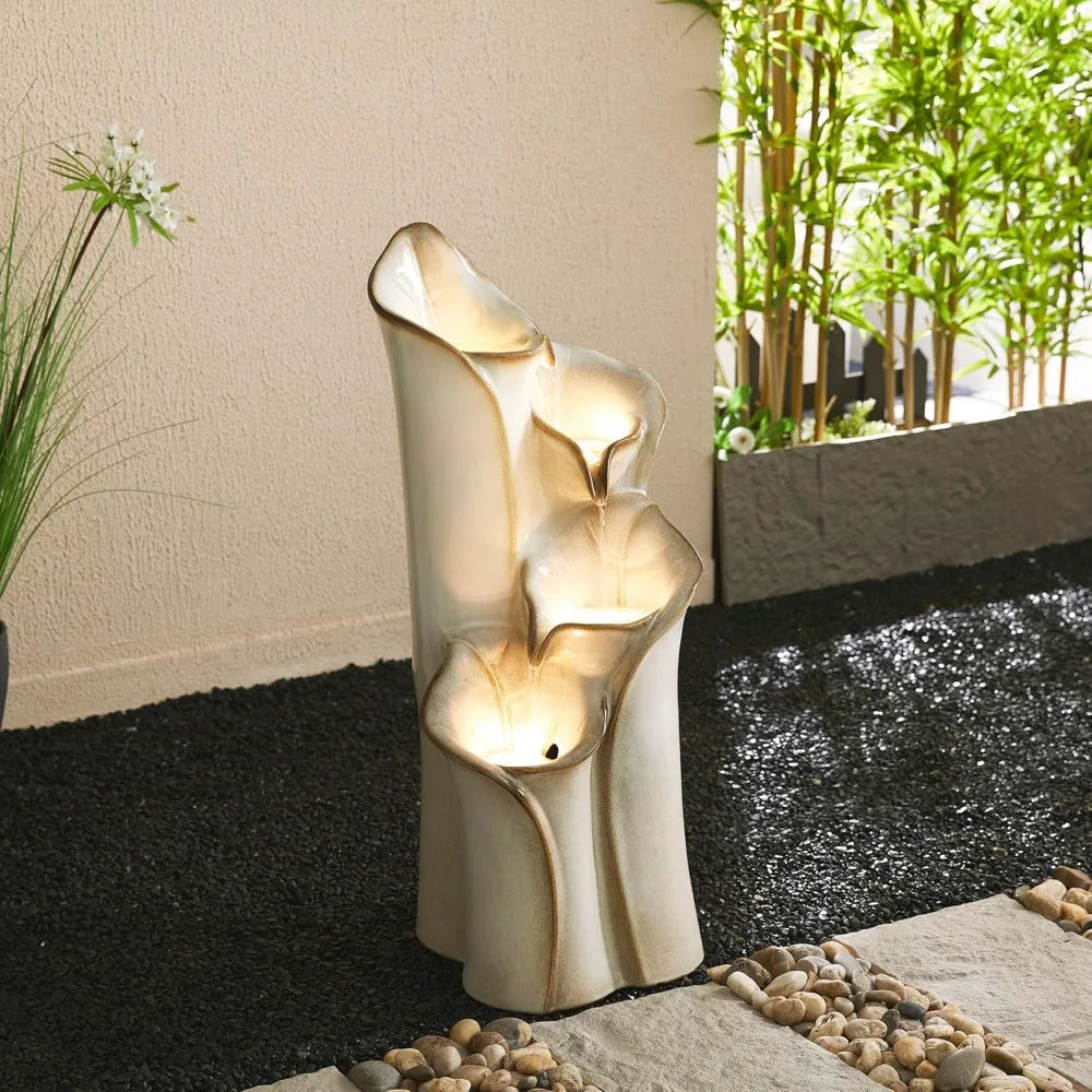 31.25" H Outdoor Water Fountain with LED Lights and Pump, 4 Tier Sand Beige Lotus Leaf Textured Ceramic Floor Standing Fountain