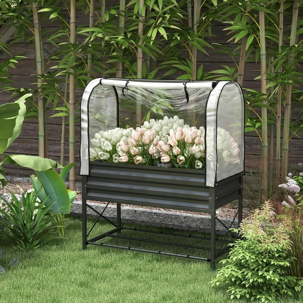 Outsunny Raised Garden Bed with Cover and Storage Shelf, Rectangular Metal Elevated Planter Box with Legs and Bed Liner