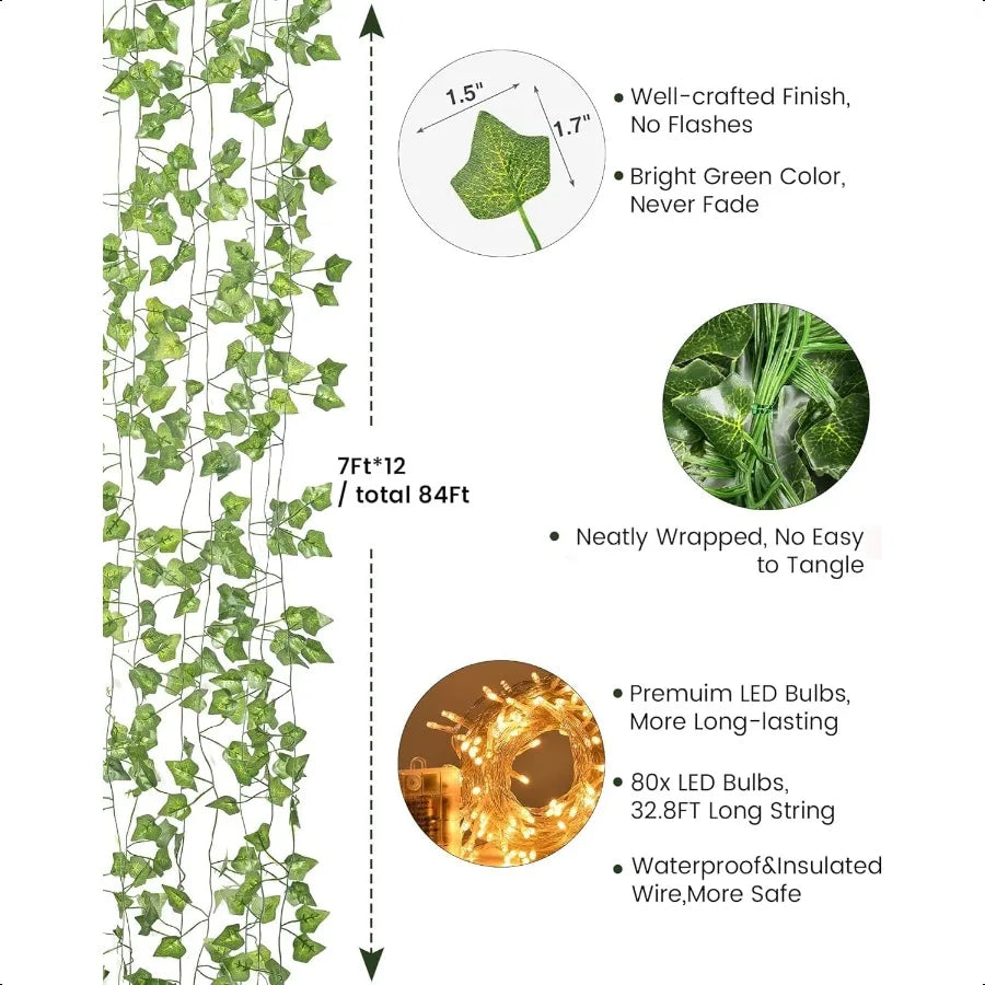 84Ft 12 Pack Artificial Ivy Garland Fake Plants Ivy Vines Leaves with CE Certified 80 LED String Lights Hanging Ivy Lights for