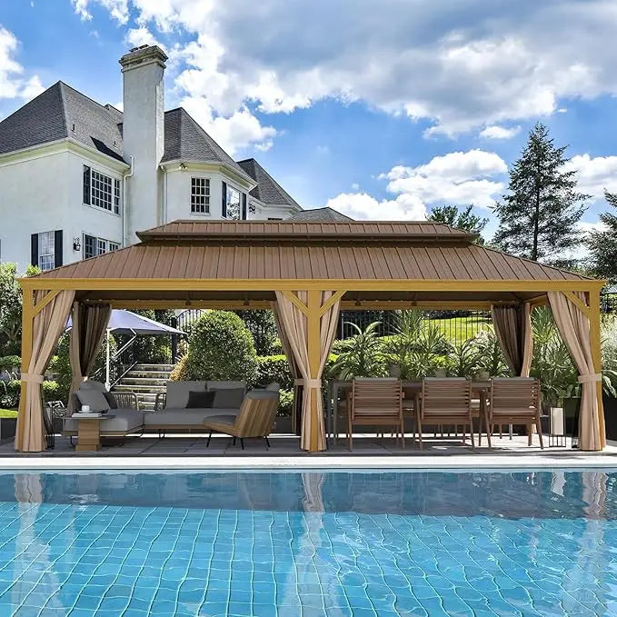 12x20 Gazebo, Hardtop Wood-Looking Gazebo with Curtains