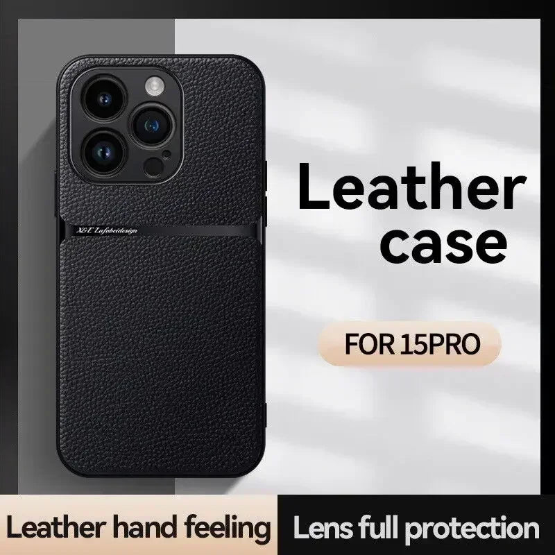 Leather For Magsafe Magnetic Car Holder Phone Case For iPhone 16 15 14 13 12 Pro Max Luxury Matte Shockproof Cover