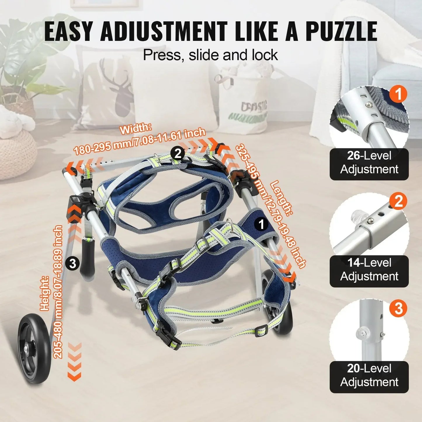 "2-wheel dog wheelchair – adjustable, lightweight. For hind leg paralysis/weakness."