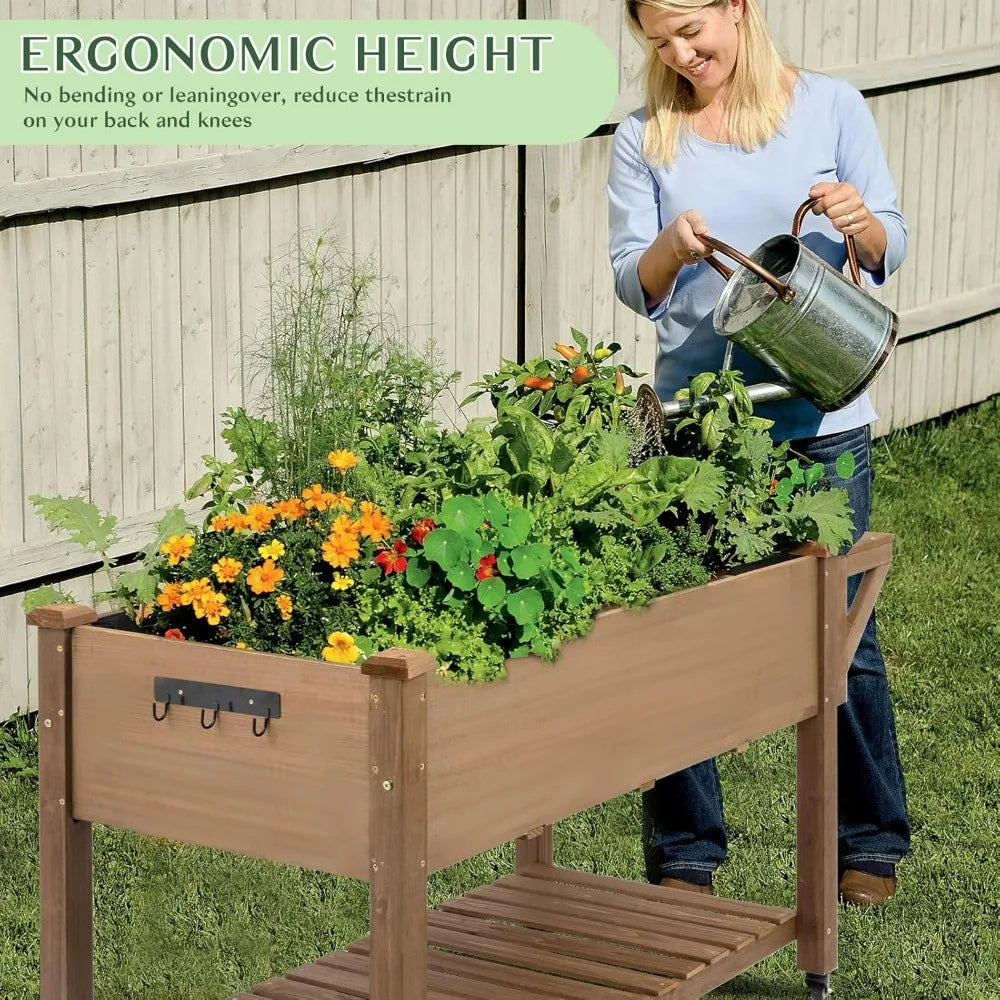 55"x 24" x 33" Elevated Wood Planter Box for Backyard Balcony Patio , Garden Flower Beds with Drainage Holes & Storage Shelf